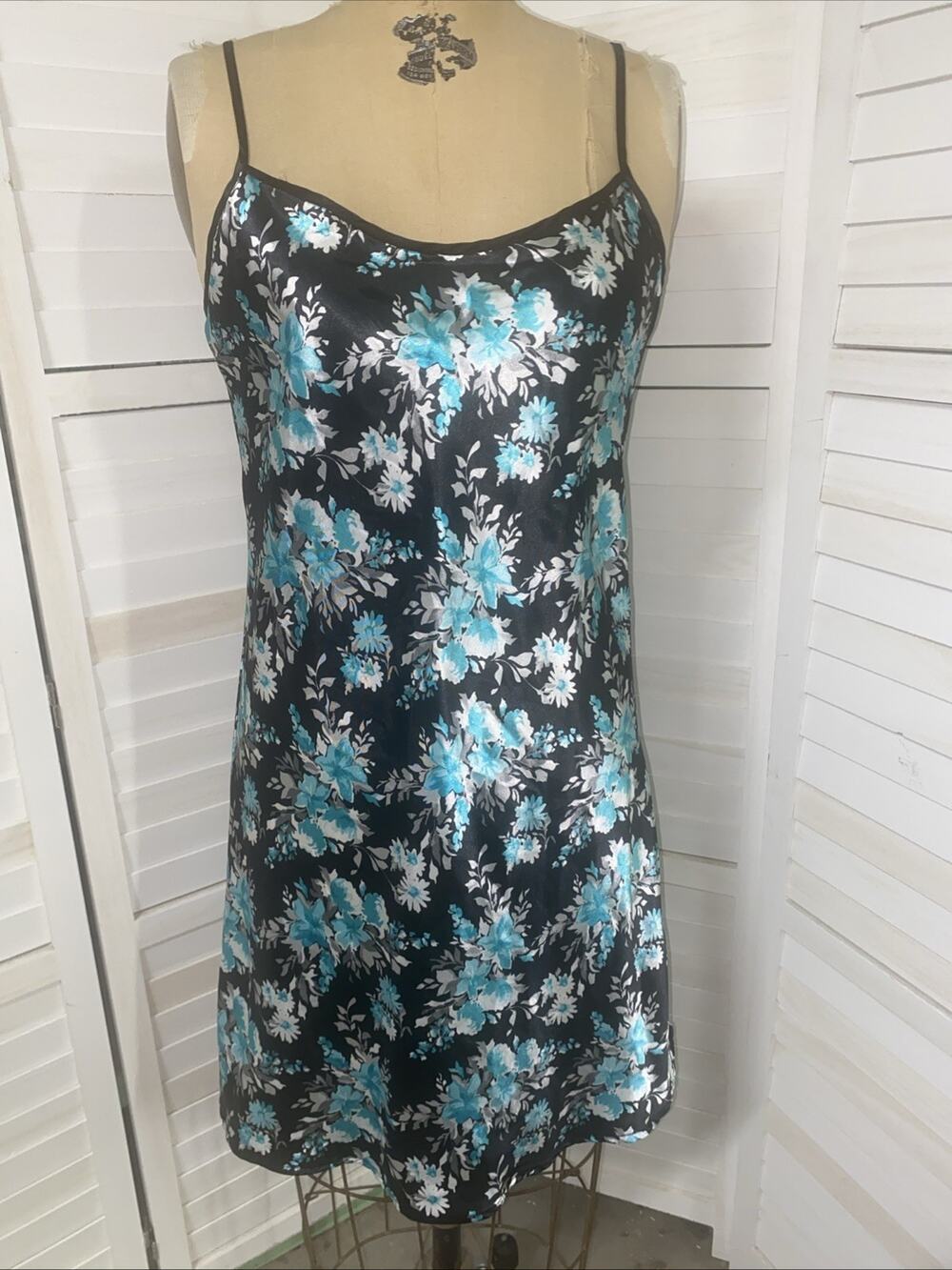 Flores Polyester Floral Nightgown Chemise Nightie Sz Small Black Teal White